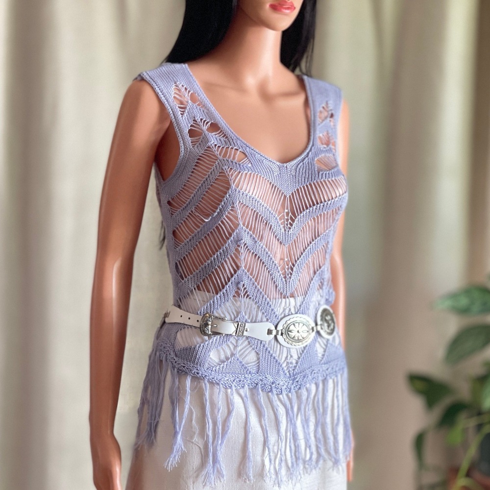 Lavender Crochet Fringe Tank Top V-Neck Sheer Boho Fairycore Festival Size S/M